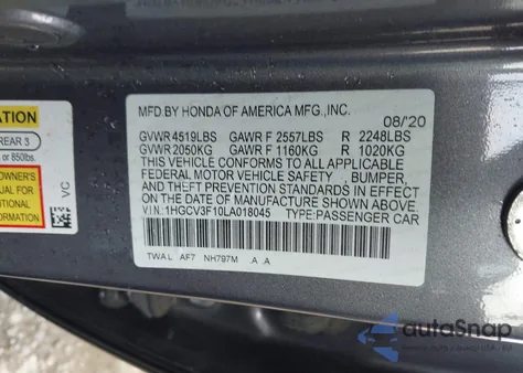 2020 Honda Accord Hybrid from USA, damaged, VIN 1HGCV3F10LA018045